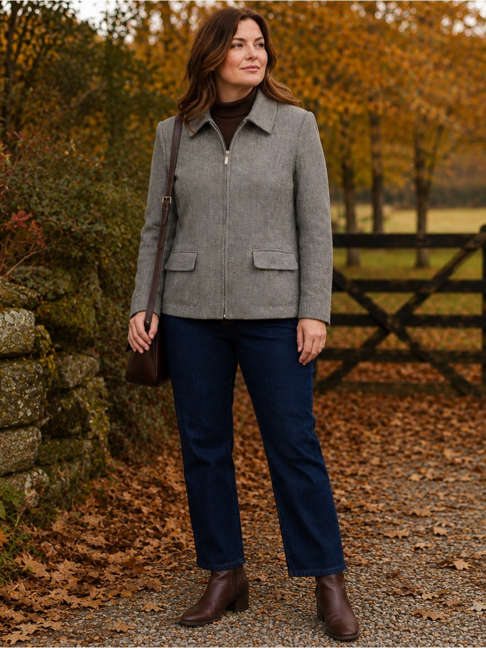 Laura Scott Petite 16P Wool Herringbone Zip Jacket Blazer Academia Gray